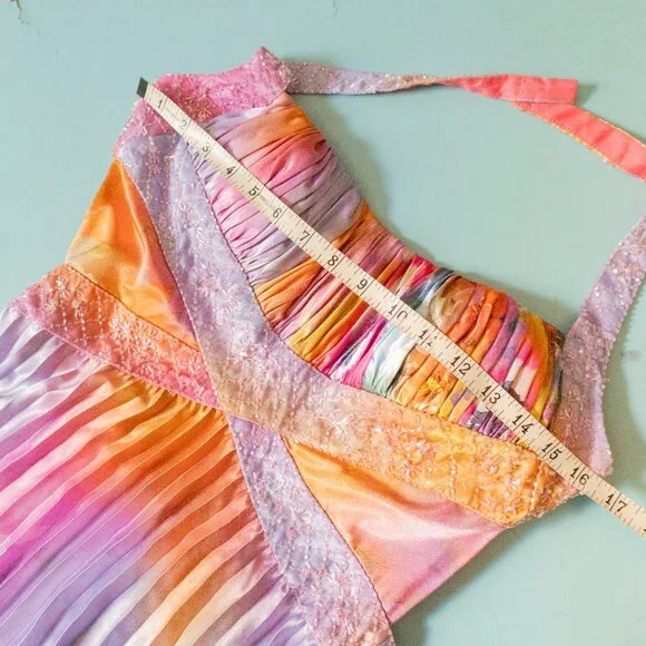 NV Couture Y2K Rainbow Pleated Halter Neck Beaded Sweetheart Formal Dress Size 8